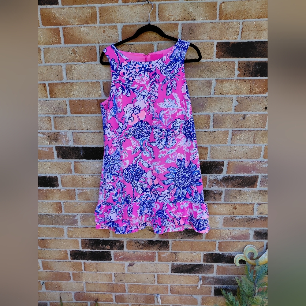 Lilly Pulitzer Pink and Blue Floral Ruffle-Hem Sundress